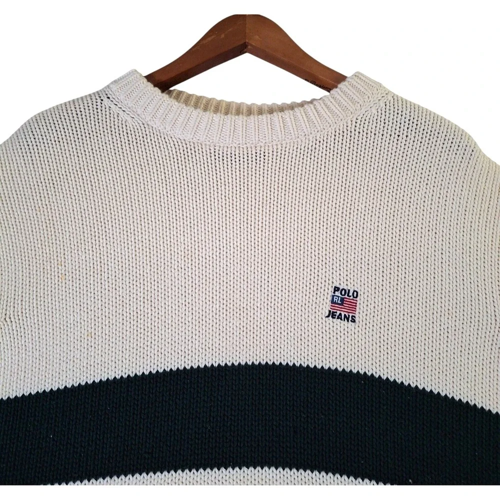 Polo Jeans Ralph Lauren Sweater XL Off-White Ribbed Knit Heavy Striped